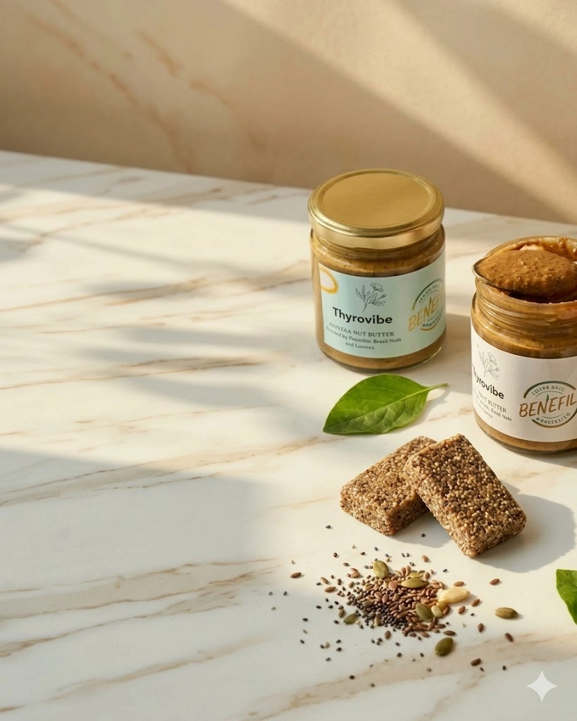 Benefills ThyroVibe nut butter jars and seed bars on marble surface